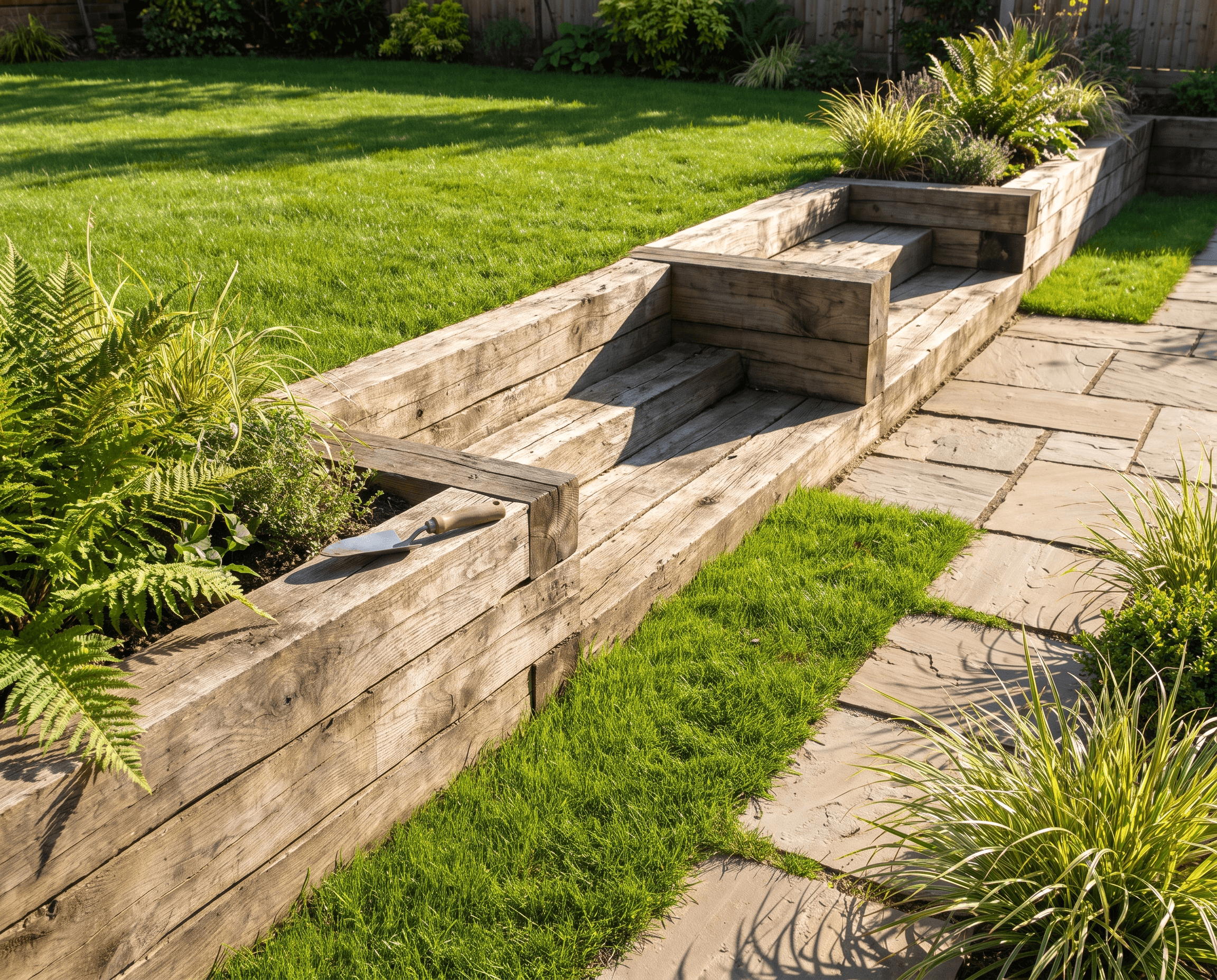 After: finished sleeper walls, steps and turf